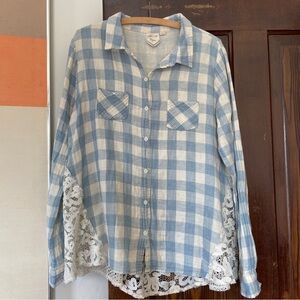 White Crow Anthropologie Plaid Buffalo Check Lace Shirt Boho Shabby Chic Large